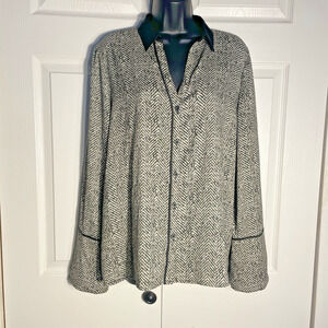 DKNY Button Up Shirt Women L Black Gray Geometric Lightweight Long Sleeve Blouse